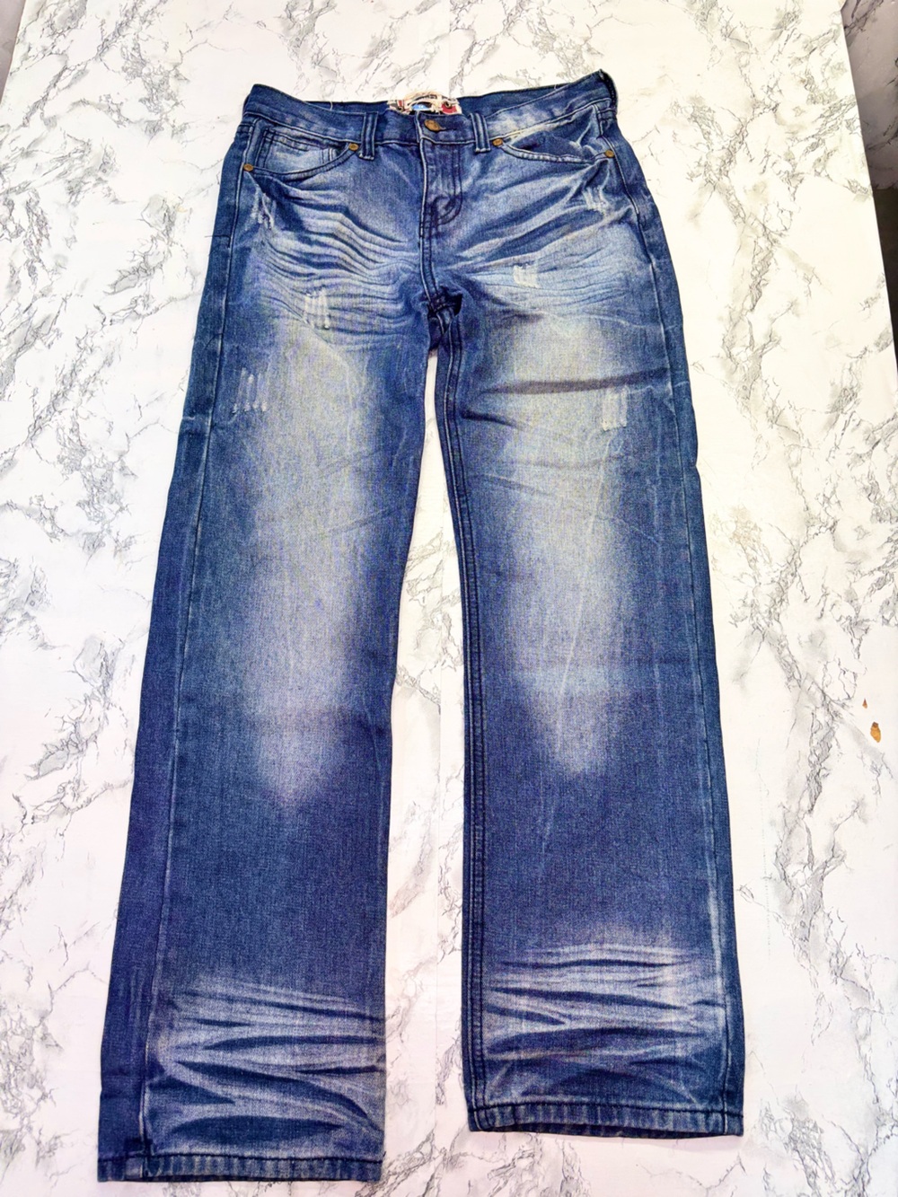 Monarchy Y2K Straight Leg Distressed Denim Jeans in Faded Blue size 14